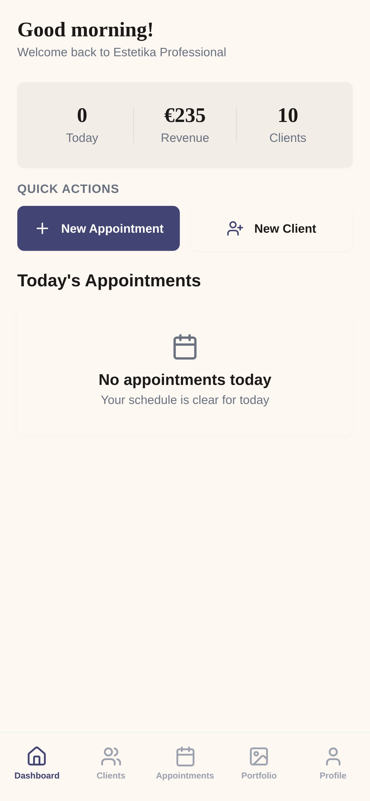 Estetika Professional app dashboard showing client metrics, revenue, and quick actions