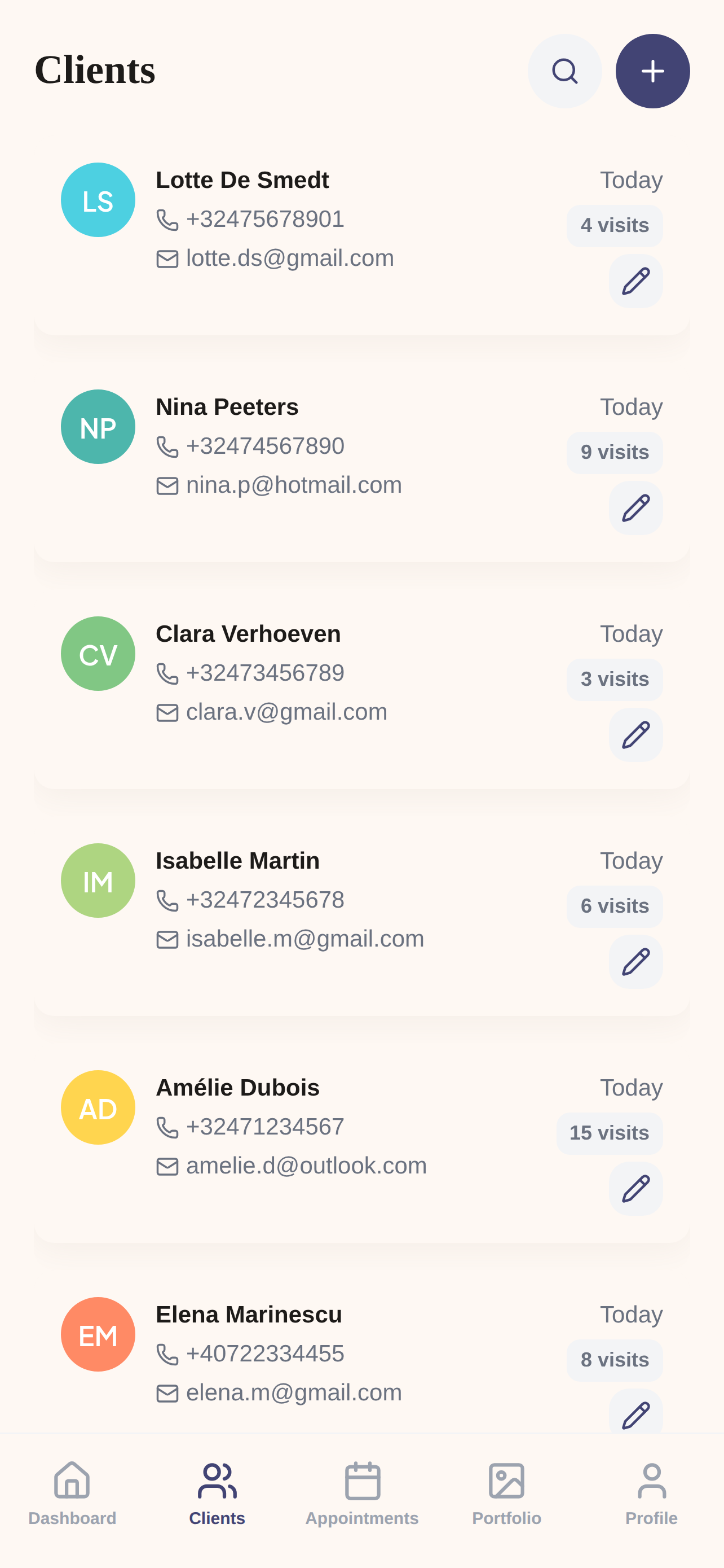 Client list with contact details, visit counts and quick edit actions